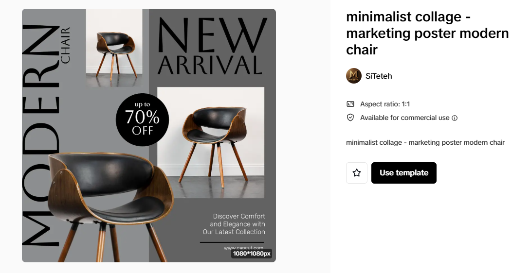 Minimalist marketing poster for a modern chair, showcasing a new arrival sale, ideal for dropshipping on Amazon.